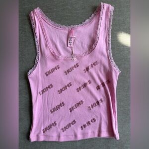 Skims Pointelle Pink Lace Trim Tank Top Rhinestones M